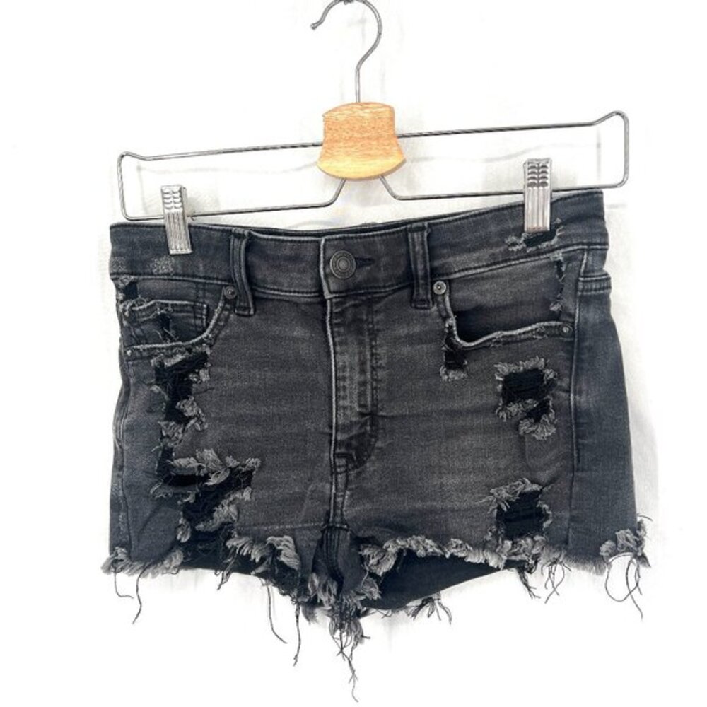 American Eagle AEO hi rise shortie black denim distressed jean shorts festival 4